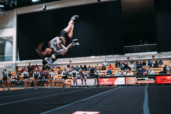 Cheyenne Eskridge, No. 8, is a senior acrobatics and tumbling athlete at Azusa Pacific University in Azusa, Calif. (Ryan Walvoord)