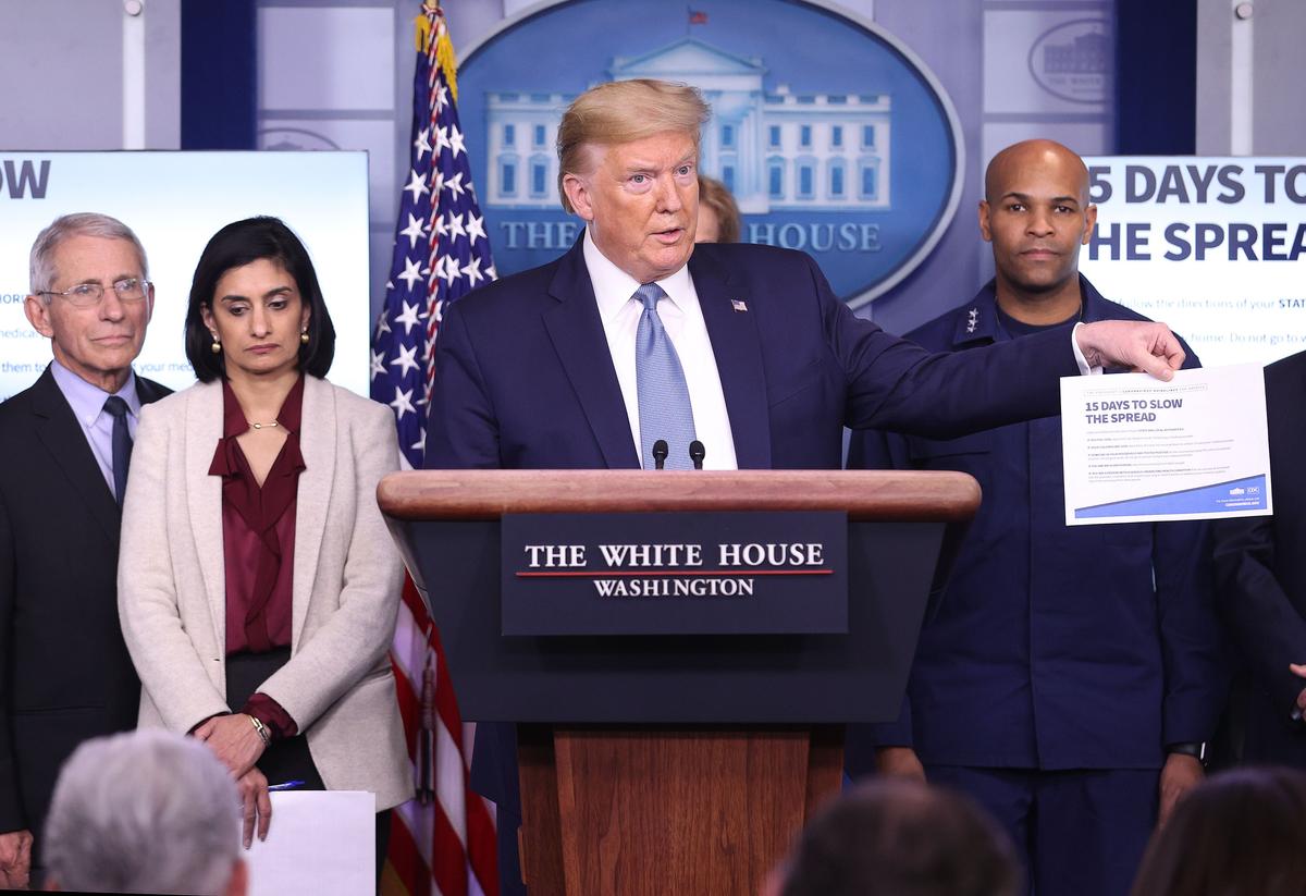 President Donald Trump flanked by members of the Coronavirus Task Force, speaks to the media in the press briefing room at the White House on March 16, 2020. (Win McNamee/Getty Images)