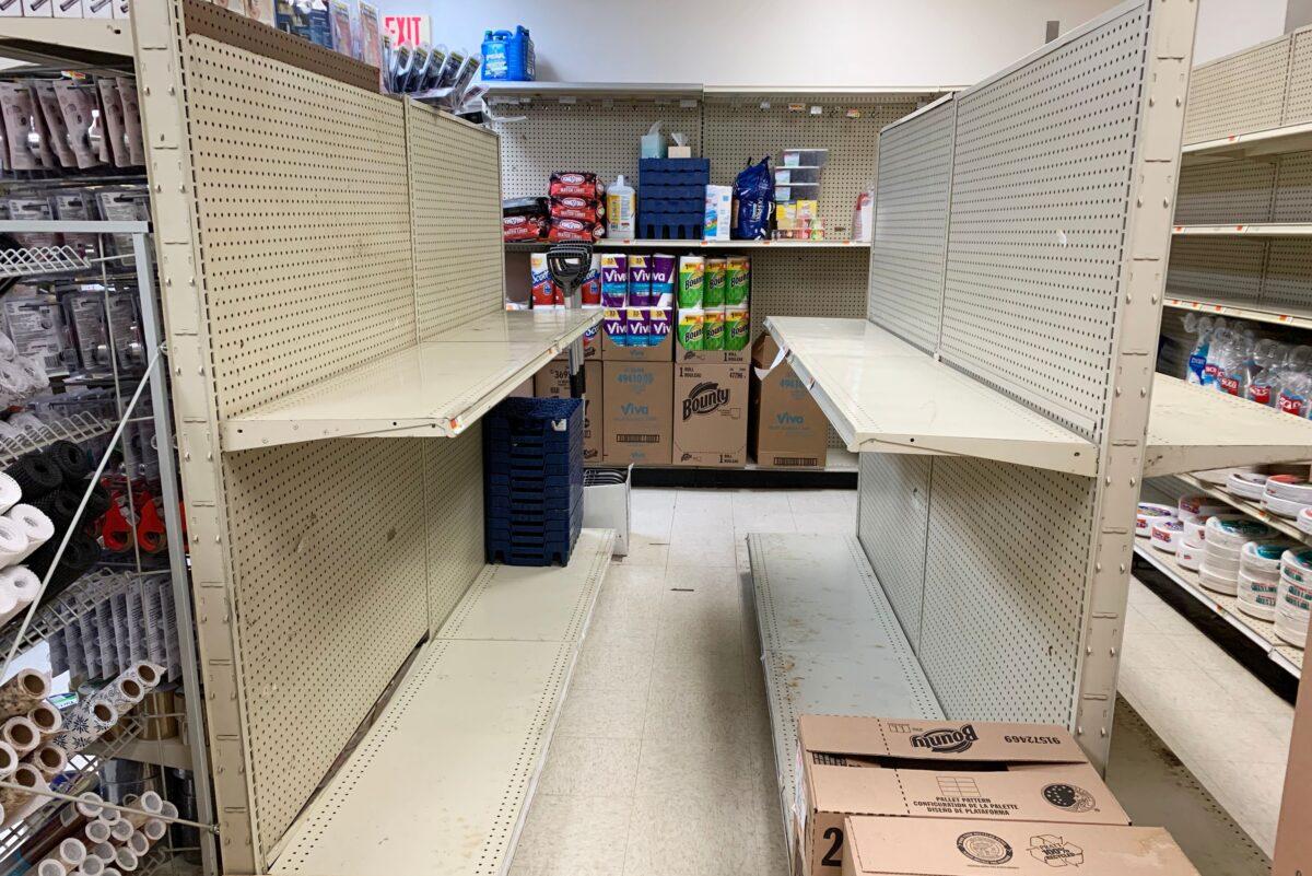 Empty shelves in a supermarket in Washington on March 15, 2020. (Mandel Ngan/AFP via Getty Images)
