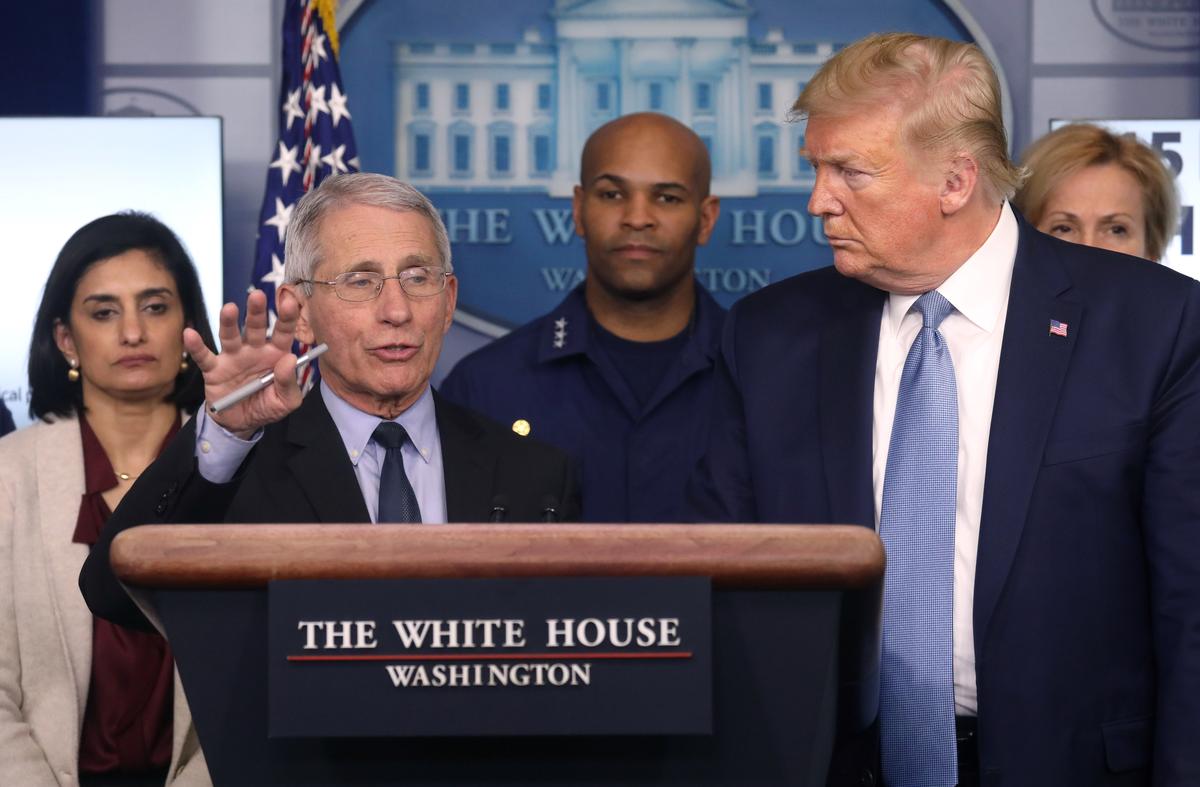 President Donald Trump listens as Director of the National Institute of Allergy and Infectious Diseases Anthony Fauci, a member of the White House Coronavirus Task Force, answers a question about the virus and the current U.S. outbreak during a news briefing at the White House in Washington, on March 16, 2020. (Leah Millis/Reuters)