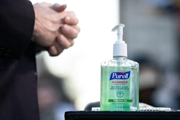 A bottle of hand-sanitizer is seen in Union Square in New York City on March 9, 2020. There are now 20 confirmed coronavirus cases in the city including a 7-year-old girl in the Bronx. (Jeenah Moon/Getty Images)