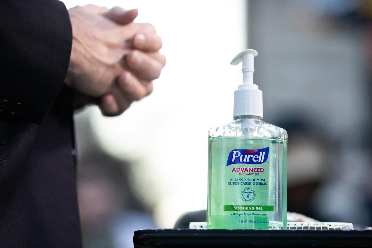 A bottle of hand-sanitizer is seen in Union Square in New York City on March 9, 2020. (Jeenah Moon/Getty Images)