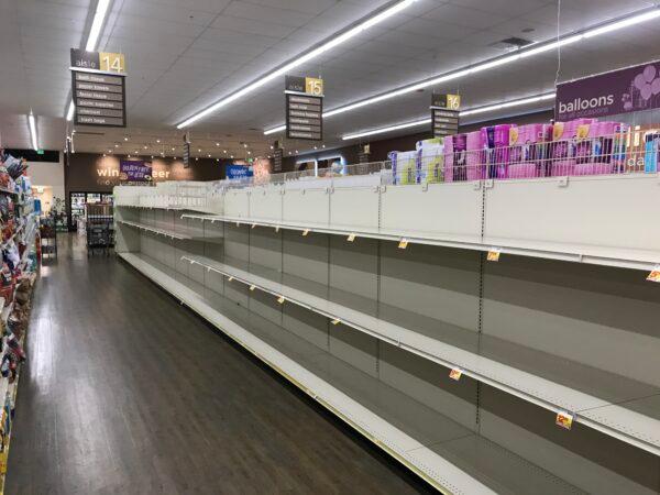 Toilet paper was sold out at Stater Bros. in Menifee, Calif. on March 15, 2020. (Brad Jones/The Epoch Times)
