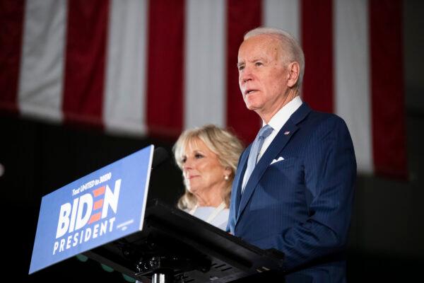 Democratic presidential candidate former Vice President Joe Biden, accompanied by his wife Jill, speaks to members of the press at the National Constitution Center in Philadelphia, on March 10, 2020. (Matt Rourke)