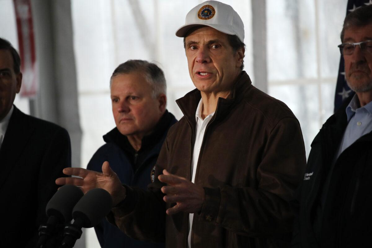 New York Governor Andrew Cuomo speaks to the media and tours a newly opened drive through COVID-19 mobile testing center in New Rochelle, New York, on March 13, 2020. (Spencer Platt/Getty Images)