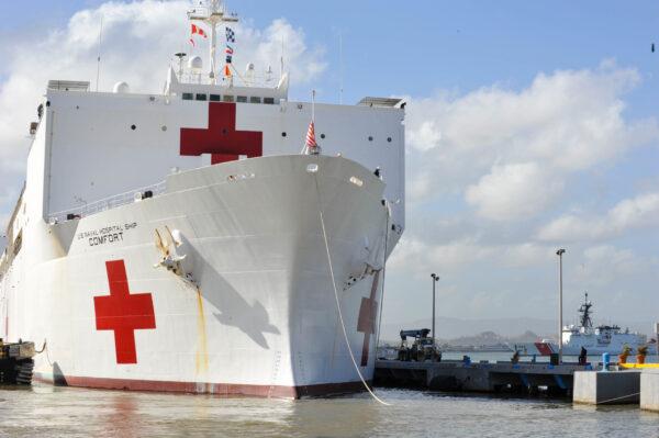 The Military Sealift Command hospital ship USNS Comfort (T-AH 20) arrives in San Juan, Puerto Rico, on Oct. 3, 2017. (U.S. Air Force Capt. Christopher Merian/U.S. Navy via Getty Images)