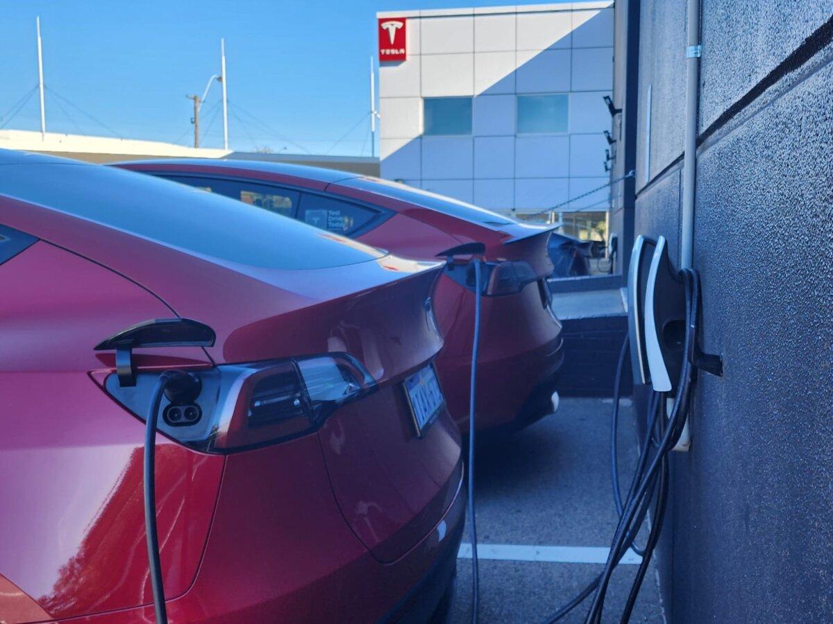 Two Tesla electric vehicles are being recharged at a Tesla dealership in Perth, Western Australia, on March 16, 2024. (Susan Mortimer/The Epoch Times)
