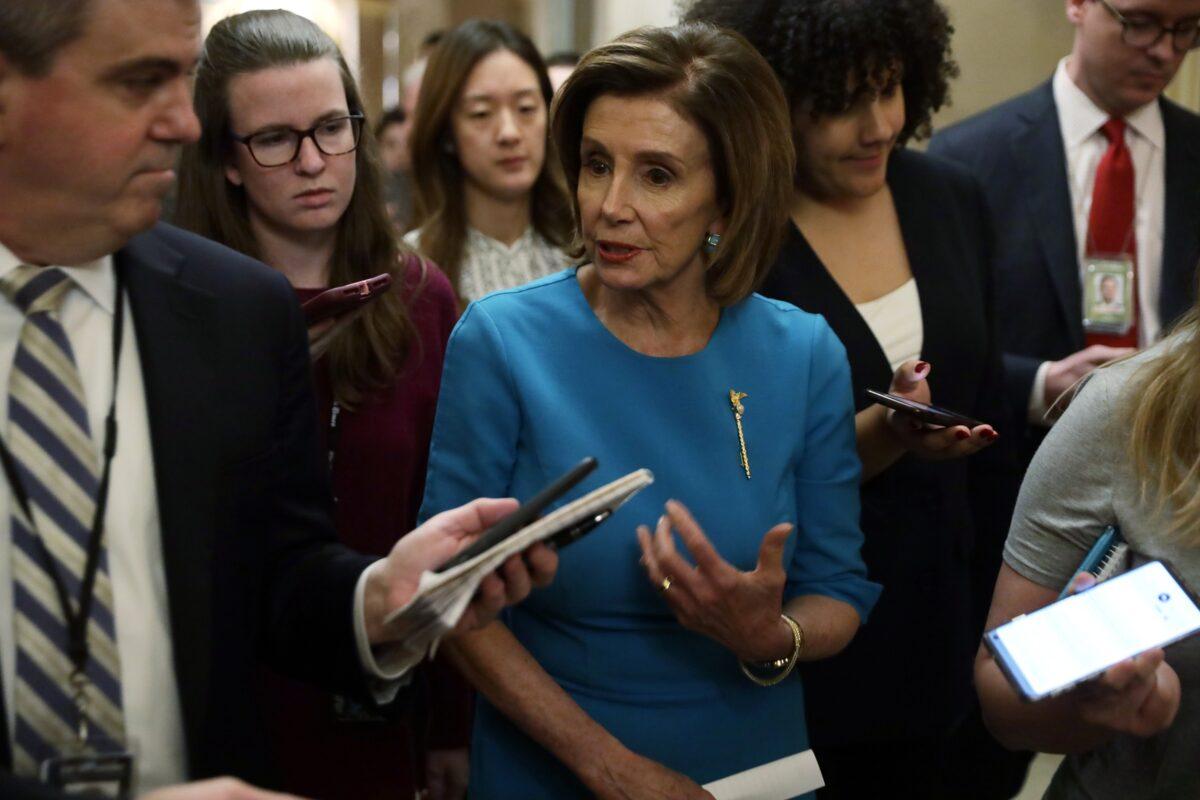 House Speaker Nancy Pelosi (D-Calif) speaks to reporters at the U.S. Capitol in Washington on March 13, 2020. (Alex Wong/Getty Images)