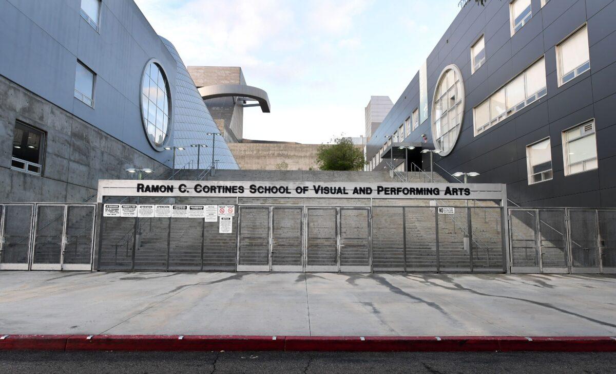 An empty school front is seen at the Ramon C. Cortinez School of Visual and Performing Arts in downtown Los Angeles, Calif., on March 16, 2020. (Frederic J. Brown/AFP via Getty Images)