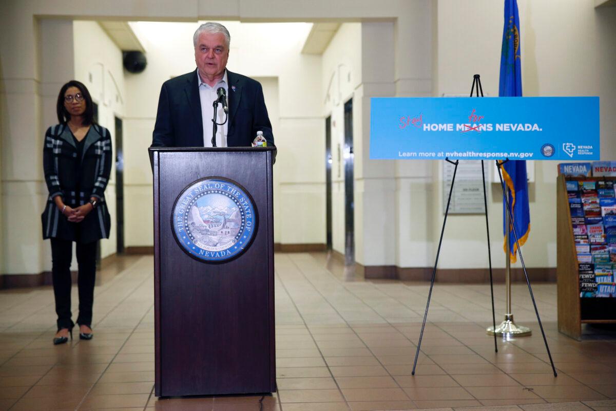 Nevada Gov. Steve Sisolak speaks during a news conference at the Sawyer State Building in Las Vegas on March 17, 2020. (Steve Marcus/Las Vegas Sun via AP)