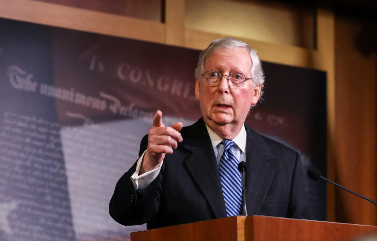 Senate Majority Leader Mitch McConnell (R-Ky.) speaks to media at the Capitol in Washington on Feb. 5, 2020. (Charlotte Cuthbertson/The Epoch Times)