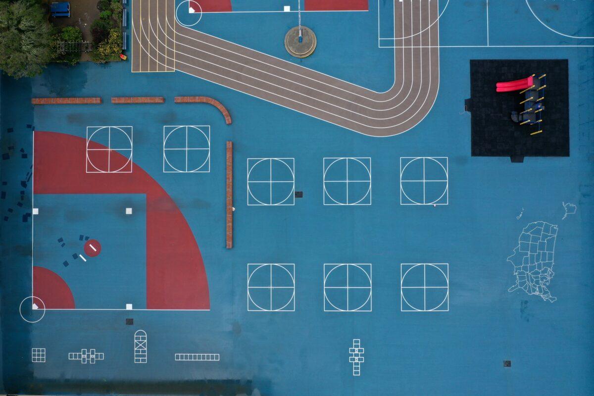 An aerial view of the empty schoolyard at Ulloa Elementary School in San Francisco, California, on March 18, 2020. (Justin Sullivan/Getty Images)