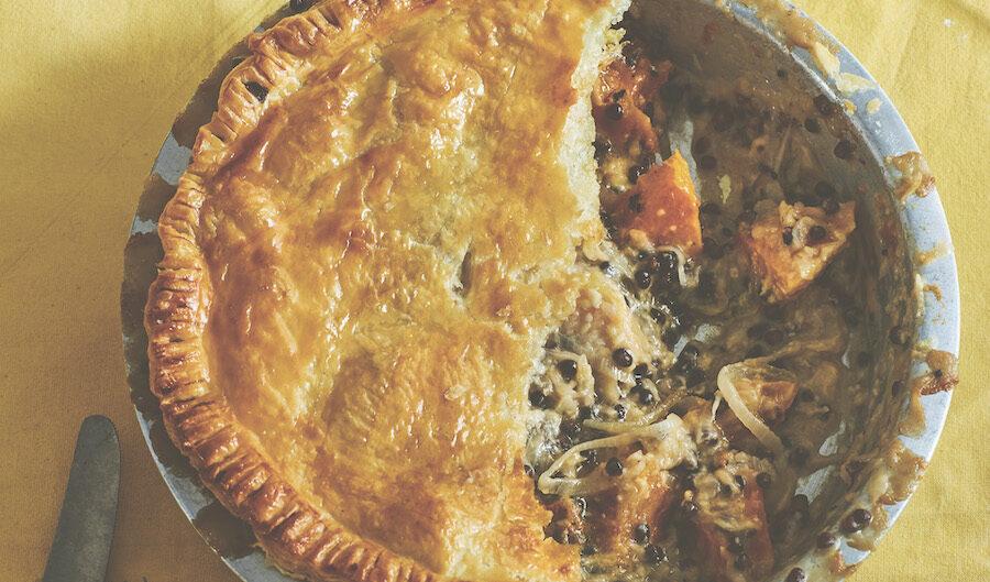 Lentil, cheese, and onion puff pie. (Lizzie Mayson)
