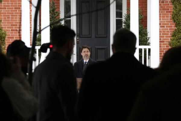Canadian Prime Minister Justin Trudeau speaks during a news conference on the COVID-19 situation in Canada from his residence in Ottawa, Canada, on March 19, 2020. (Dave Chan/AFP via Getty Images)