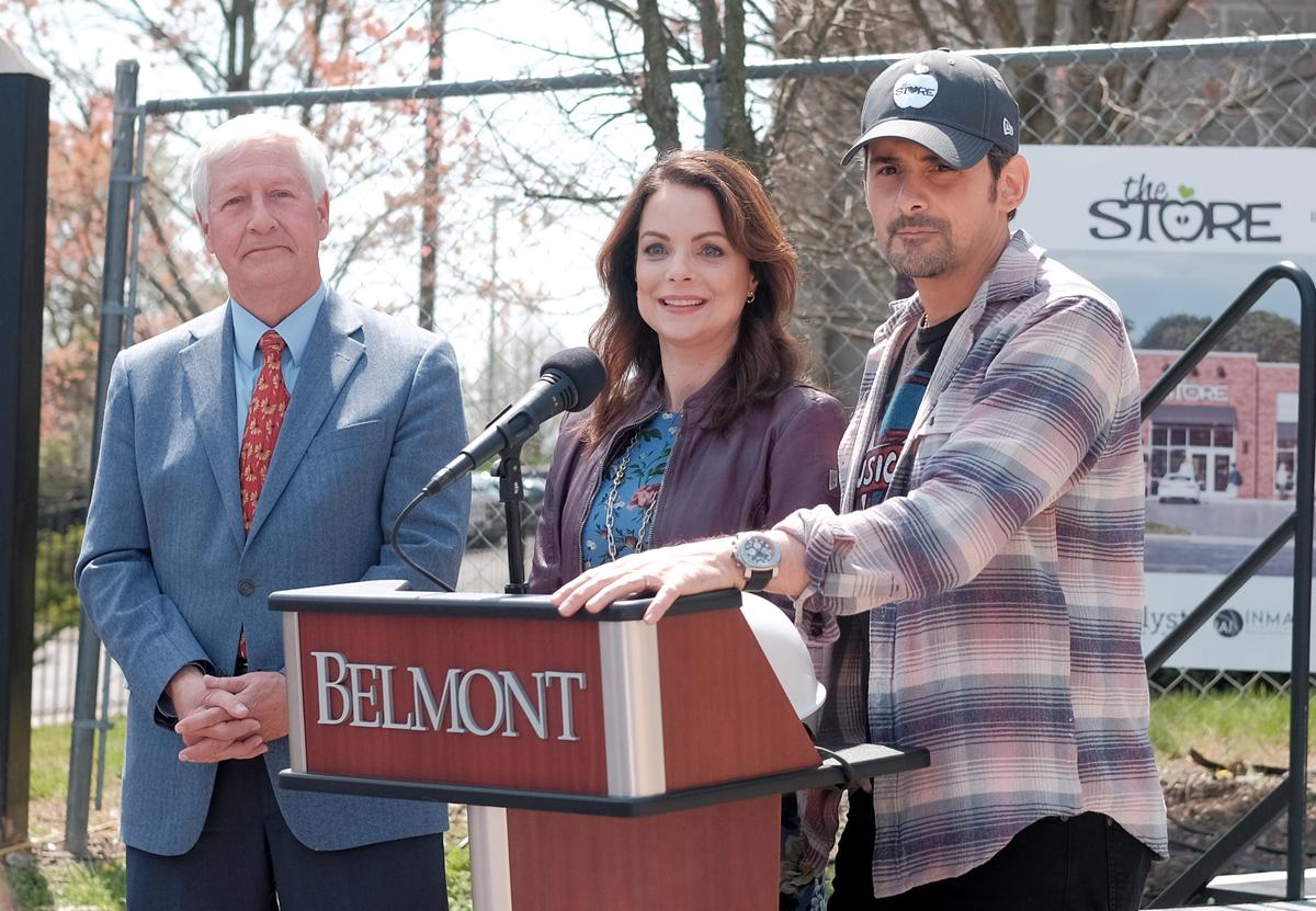 President of Belmont University Bob Fisher, Kimberly Williams-Paisley, and Brad Paisley break ground on the site of The Store in Nashville, Tennessee, on April 3, 2019. (©Getty Images | <a href="https://www.gettyimages.com/detail/news-photo/president-of-belmont-university-bob-fisher-kimberly-news-photo/1140185495?adppopup=true">Jason Kempin</a>)