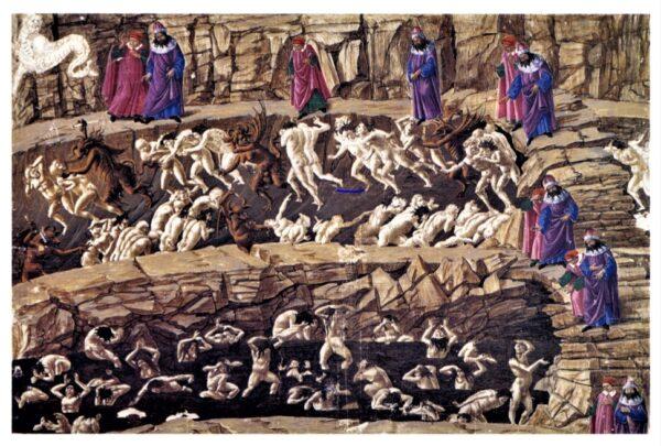 God does not punish us for breaking rules; instead, hell is where you get exactly what you want. Sandro Botticelli’s depiction of Canto 28, part of the Eighth Circle of Hell. Dante and Virgil are each shown six times as they descend through the chasms. (PD-US)