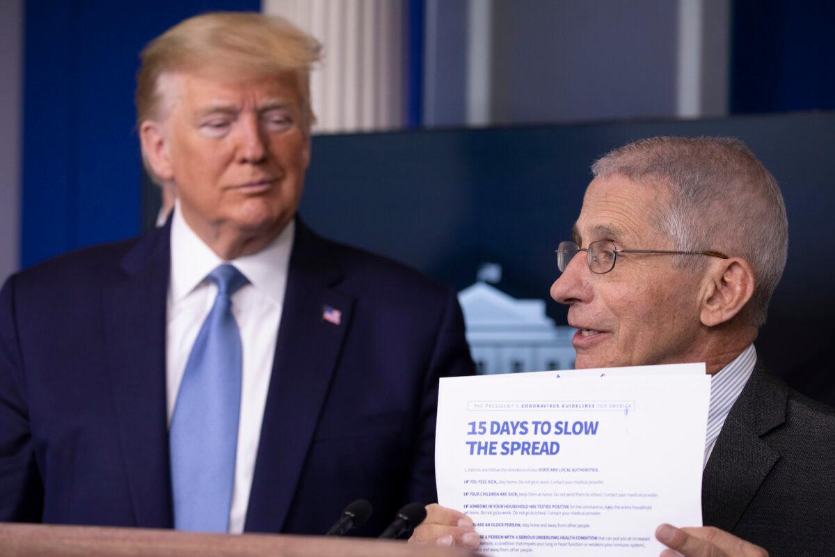 President Donald Trump listens to Anthony Fauci, director of the National Institute of Allergy and Infectious Diseases speak at a briefing at the White House on March 21, 2020. (Tasos Katopodis/Getty Images)