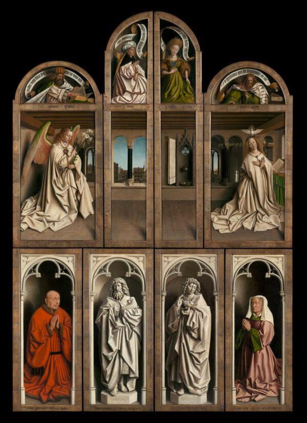 Outer panels of the closed altarpiece: "The Adoration of the Mystic Lamb," 1432, by Jan (circa 1390–1441) and Hubrect van Eyck (circa 1366/1370–1426). Oil on panel. Saint Bavo’s Cathedral in Ghent, Belgium. (KIK-IRPA/Lukasweb.be-Art in Flanders vzw)