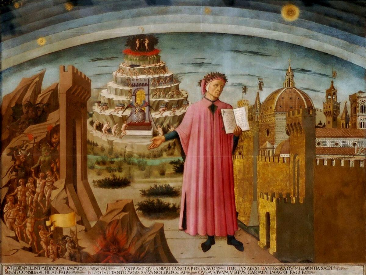 Dante holding his “Divine Comedy,” next to the entrance to Hell, the seven terraces of Mount Purgatory and the city of Florence, with the spheres of Heaven above, 1465, in a fresco by Domenico di Michelino. Cathedral of St. Mary of the Flower, Florence, Italy. (Public Domain)