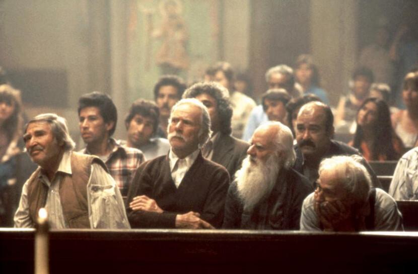 A church meeting with "The Senile Brigade" in the front row, in "The Milagro Beanfield War." (Universal Pictures)