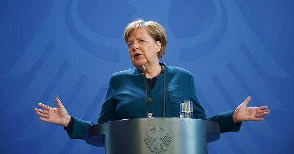 German Chancellor Angela Merkel speaks to the media in Berlin on March 22, 2020. (Clemens Bilan/Getty Images)