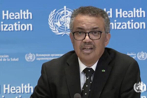 A tv grab taken from the World Health Organization website shows WHO Chief Tedros Adhanom Ghebreyesus delivering a virtual news briefing on the CCP virus at the WHO headquarters in Geneva on March 23, 2020. (AFP via Getty Images)