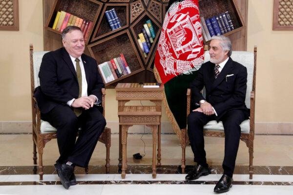 Afghanistan's Abdullah Abdullah, President Ashraf Ghani's political rival, meets with U.S. Secretary of State Mike Pompeo in Kabul, Afghanistan, on March 23, 2020. Afghanistan's Chief Executive Office (Handout via Reuters)