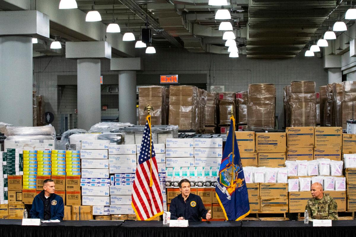 New York Governor Andrew Cuomo speaks to the media at the Javits Convention Center which is being turned into a hospital to help fight coronavirus cases in New York City on March 24, 2020. (Eduardo Munoz Alvarez/Getty Images)