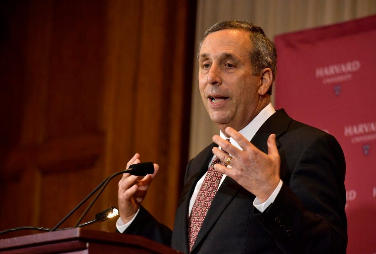 Lawrence Seldon Bacow speaks as he is introduced as Harvard University's 29th president during a news conference in Cambridge, Mass., on Feb. 11, 2018. (Paul Marotta/Getty Images)