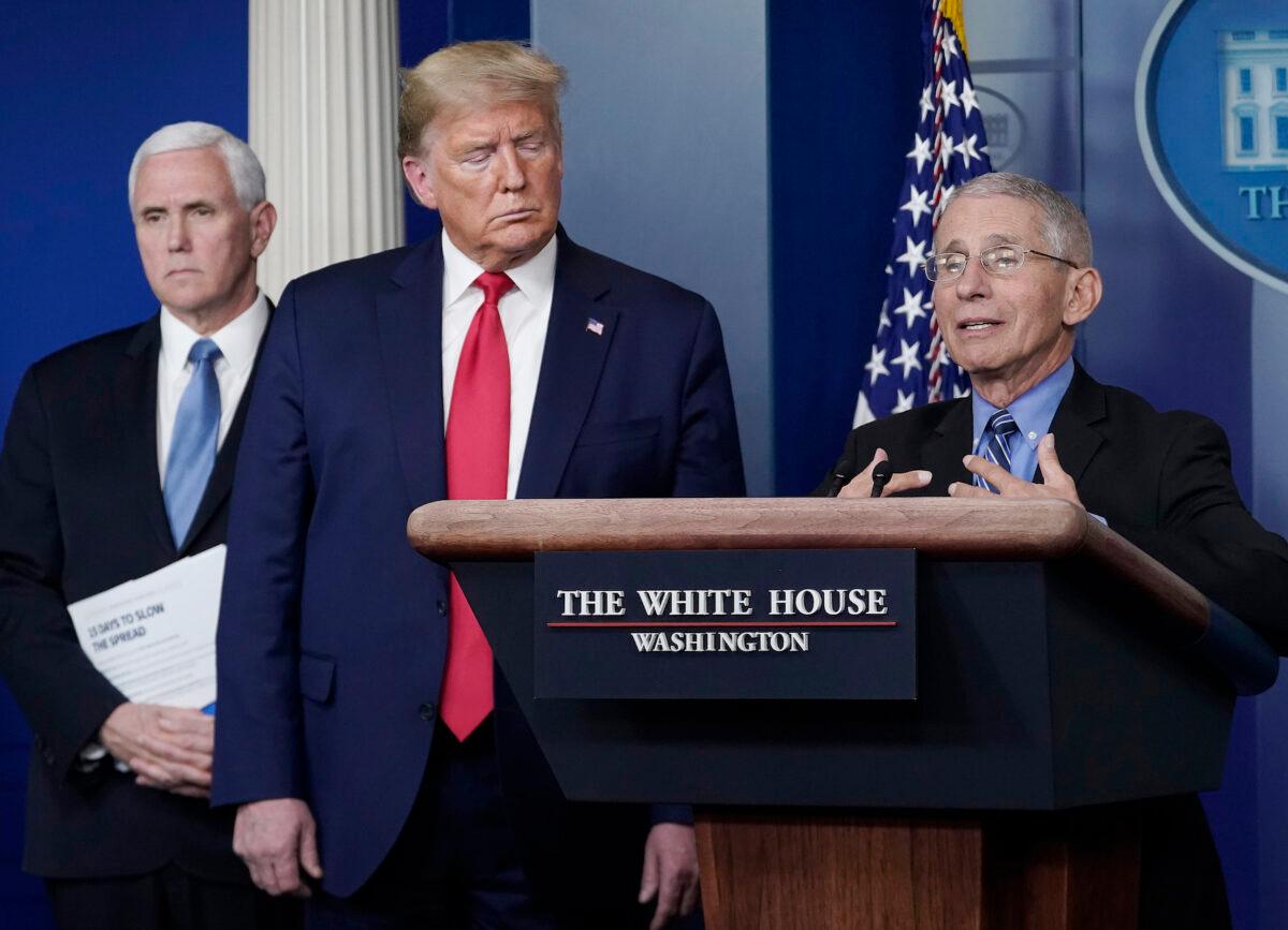 Dr. Anthony Fauci, right, director of the National Institute of Allergy and Infectious Diseases, speaks while President Donald Trump (C) and Vice President Mike Pence, listen during a briefing on the CCP virus pandemic, in the press briefing room of the White House in Washington on March 24, 2020. (Drew Angerer/Getty Images)