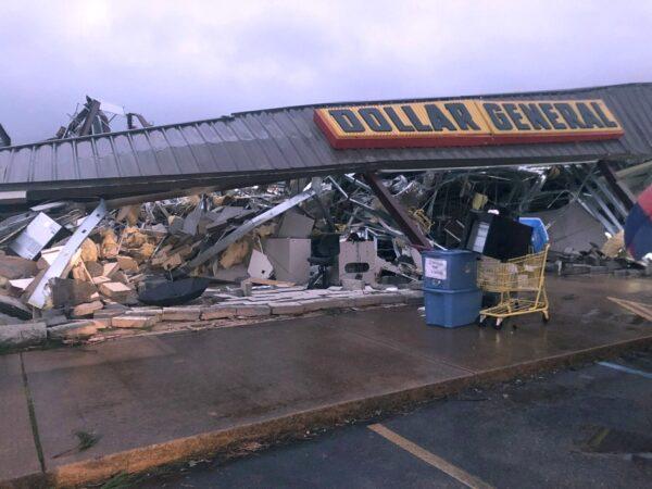 A Dollar General store in Tishomingo, Miss., is completely destroyed after a suspected tornado swept through the area on March 24, 2020. (Kayla Thompson/WTVA via AP)