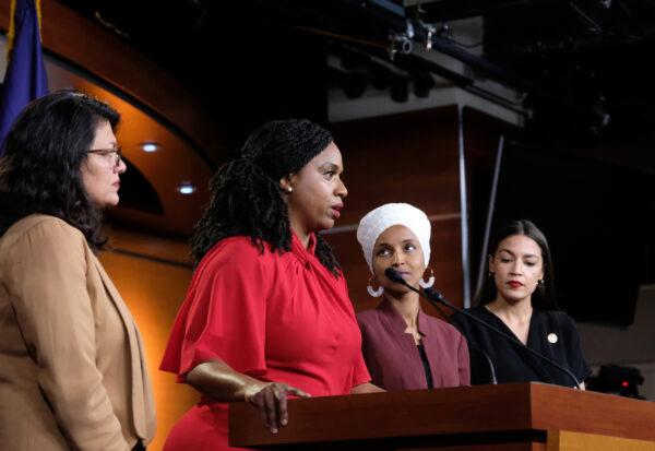 Rep. Ayanna Pressley (D-Mass.) speaks as Reps. Rashida Tlaib (D-Mich.), Ilhan Omar (D-Minn.) and Alexandria Ocasio-Cortez (D-N.Y.) listen during a news conference in Washington on July 15, 2019. (Alex Wroblewski/Getty Images)