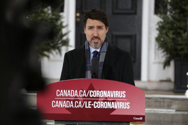 Canadian Prime Minister Justin Trudeau speaks during a news conference on COVID-19 situation in Canada from his residence in Ottawa, Canada, on March 23, 2020. (Dave Chan / AFP via Getty Images)
