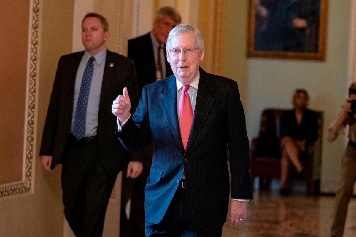 Senate Majority Leader Mitch McConnell (R-Ky.) leaves the Senate floor at the US Capitol in Washington on March 25, 2020. (Alex Edelman/AFP via Getty Images)