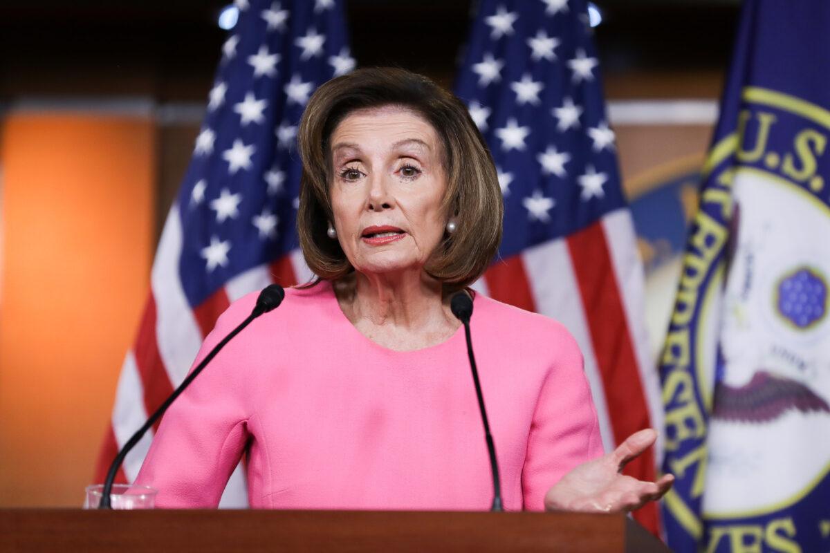 House Speaker Nancy Pelosi (D-Calif.) holds a press conference on March 26, 2020. (Charlotte Cuthbertson/The Epoch Times)