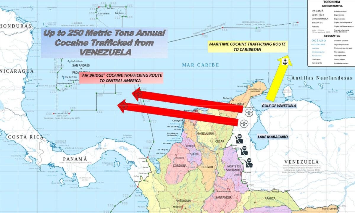 Justice Department officials alleged that Venezuelan President Nicolas Maduro and other regime officials ran a cartel aimed at flooding the United States with cocaine. The United States estimates that 250 metric tons of cocaine are trafficked from Venezuela each year. (Department of Justice)