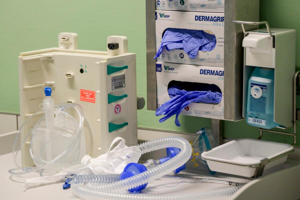 The tubes of a ventilator, center, at a hospital in Germany on March 25, 2020. (Axel Heimken/Pool/AFP via Getty Images)