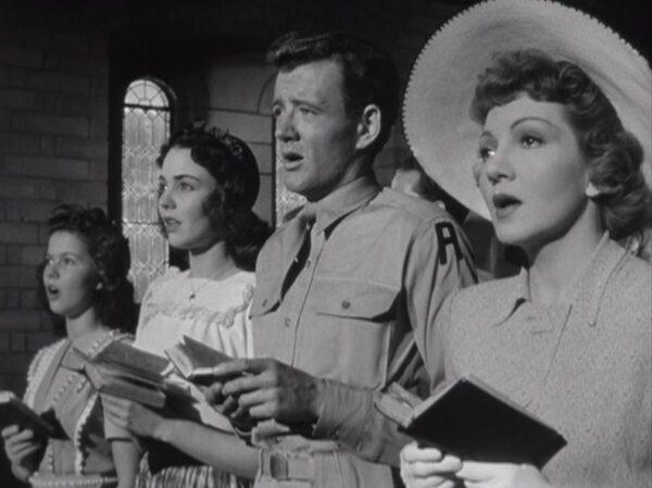 (L–R) Shirley Temple, Jennifer Jones, Robert Walker, and Claudette Colbert as they appear in “Since You Went Away,” set in America during World War II. (Selznick International Pictures)