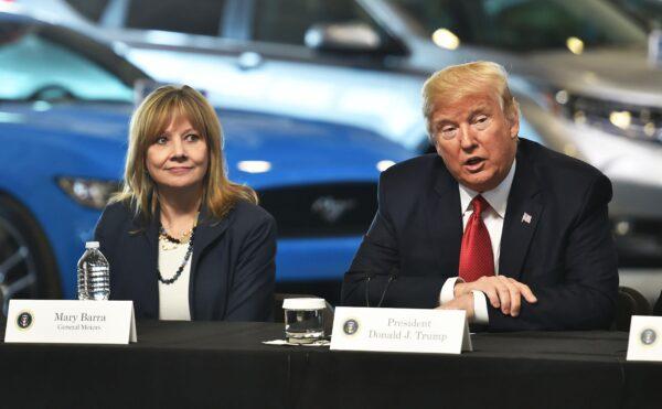 President Donald Trump at American Center for Mobility in Ypsilanti, Mich., with General Motors CEO Mary Barra and other auto industry executives on March 15, 2017. (Nicholas Kamm/AFP via Getty Images)