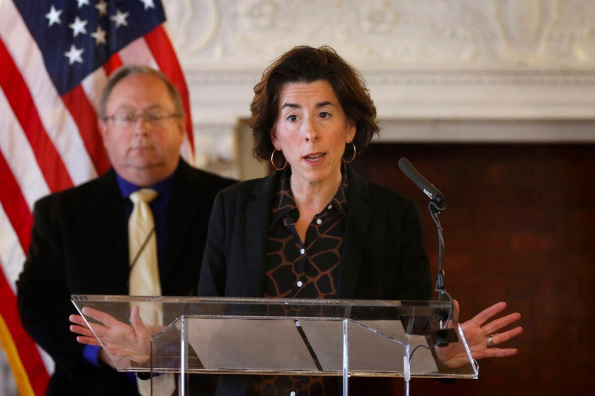 In this March 22, 2020 file photo, Gov. Gina Raimondo gives an update on the coronavirus during a news conference in the State Room of the Rhode Island State House in Providence, R.I. (Kris Craig/Providence Journal via AP, Pool)
