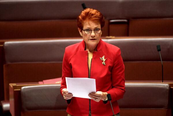 Senator Pauline Hanson in the Senate at Parliament House in Canberra, Australia, on July 4, 2019. (Tracey Nearmy/Getty Images)