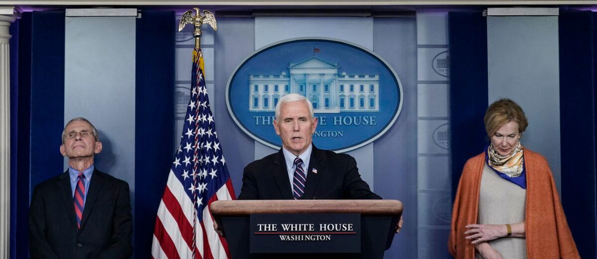 Flanked by National Institute of Allergy and Infectious Diseases Director Anthony Fauci (L) and White House coronavirus response coordinator Deborah Birx, Vice President Mike Pence speaks during a briefing on the CCP virus pandemic, in the press briefing room of the White House in Washington on March 25, 2020. (Drew Angerer/Getty Images)