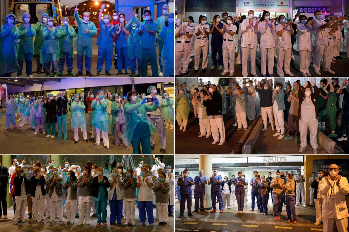 This combination of pictures created on March 26, 2020, shows healthcare workers who deal with the new coronavirus crisis in Spain, applauding in return as they are cheered on by people outside their hospitals in the cities of Burgos, Madrid, Valencia, Barcelona, and Palma de Mallorca, on March 25 and 26, 2020. (Cesar Manso, Oscar Del Pozo, Jose Jordan, Pierre Philippe Marcou, Pau Berrena, Jaime Reina/AFP via Getty Images)