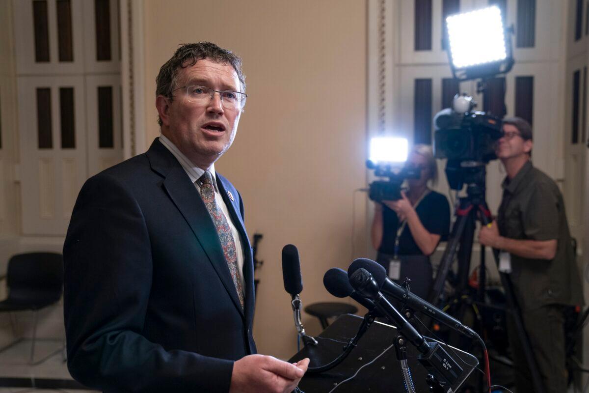 In this May 28, 2019, file photo, Rep. Thomas Massie (R-Ky.) speaks to reporters at the U.S. Capitol after he blocked a unanimous consent vote on a long-awaited hurricane disaster aid bill in the chamber. (J. Scott Applewhite/AP Photo)
