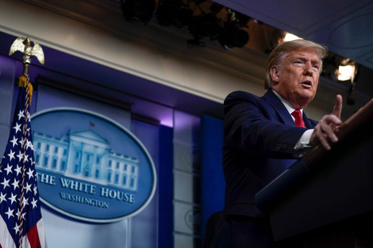 President Donald Trump speaks during a briefing on the coronavirus pandemic in the press briefing room of the White House in Washington on March 26, 2020. (Drew Angerer/Getty Images)