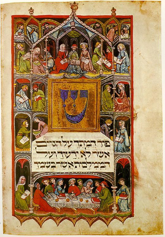 An early 15th-century manuscript depicting, at the bottom, a Seder. The full-page miniature adapts medieval Christian iconography to illustrate the importance of study and discussion of Passover. Each figure has a book, presumably a Haggadah, a text about the Exodus from Egypt, that is recited at the Seder. University and State Library Darmstadt. (Public Domain)