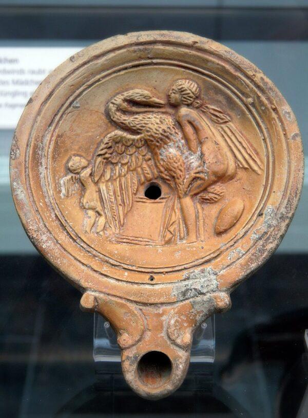 A first-century depiction of Leda and the swan on a terracotta Roman oil lamp. State Antique Collections, Munich, Germany. (CC BY-SA 2.0)