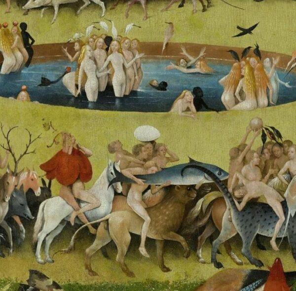 The egg is dead center and atop a head, in “The Garden of Earthly Delights.” (Public Domain)