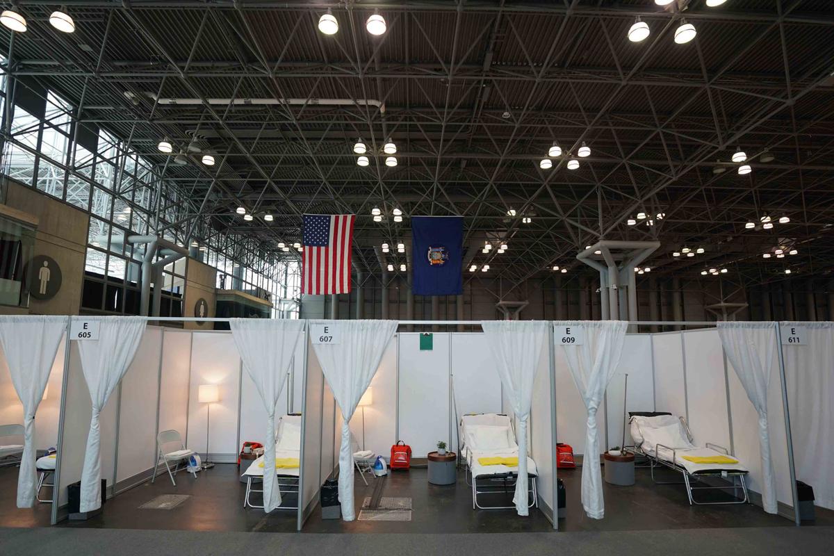 A temporary hospital is set up at the Jacob K. Javits Center on March 27, 2020, in New York. (©Getty Images | <a href="https://www.gettyimages.com/detail/news-photo/temporary-hospital-is-set-up-at-the-jacob-k-javits-center-news-photo/1208429159?adppopup=true&uiloc=thumbnail_more_from_this_event_adp">BRYAN R. SMITH/AFP</a>)