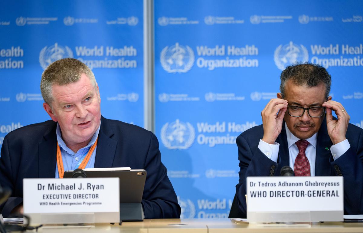 World Health Organization (WHO) Director-General Tedros Adhanom Ghebreyesus (R) and WHO Health Emergencies Programme Director Dr. Mike Ryan attend a press briefing on COVID-19 in Geneva, Switzerland, on March 6, 2020. (Fabrice Coffrini/AFP via Getty Images)